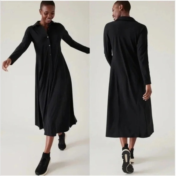 Athleta Dresses & Skirts - Athleta Cosmic Layer Dress Size S Black Long Sleeve Midi Pockets Stretch Minimal